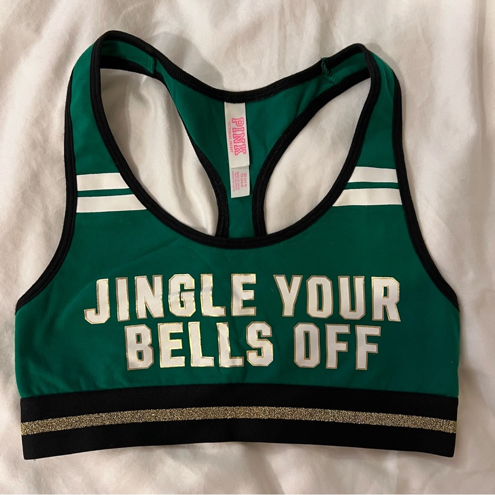 PINK Jingle Your Bells Off XS green bralette graphic logo print